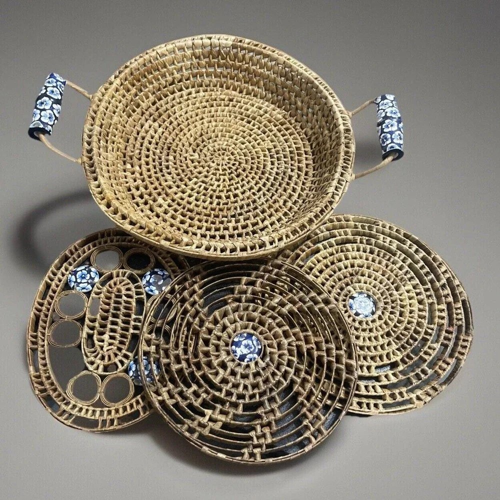 Vtg 1 Woven Wicker Basket 3 Rattan Raffia Trivet‎ Hot Pads Pot Holder Boho Decor